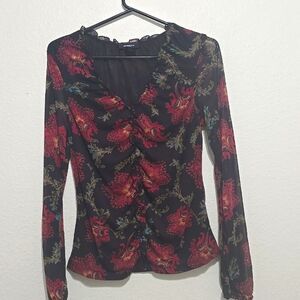 VTG Express Y2K Sheer Stretch Mesh Top Size M Black‎ Re Floral Lettuce Trim Goth